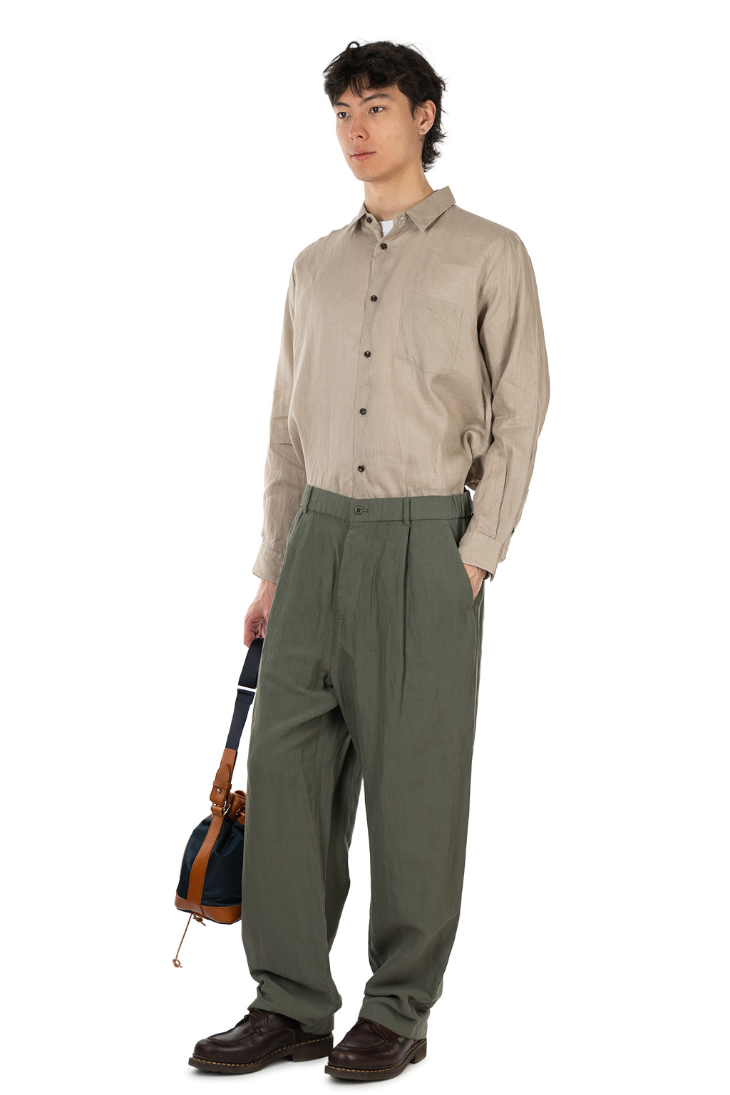 ATON - Loose Fit Pants - Cotton Linen Voile - Khaki