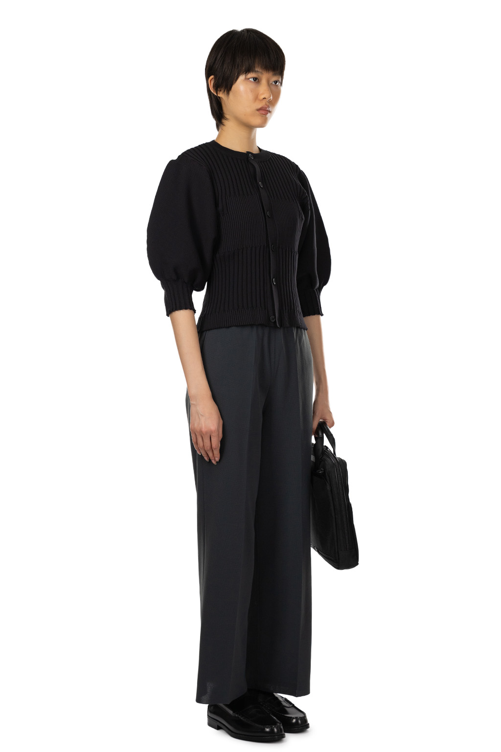 CFCL - Fluted Short Puff Sleeve Cardigan - Black