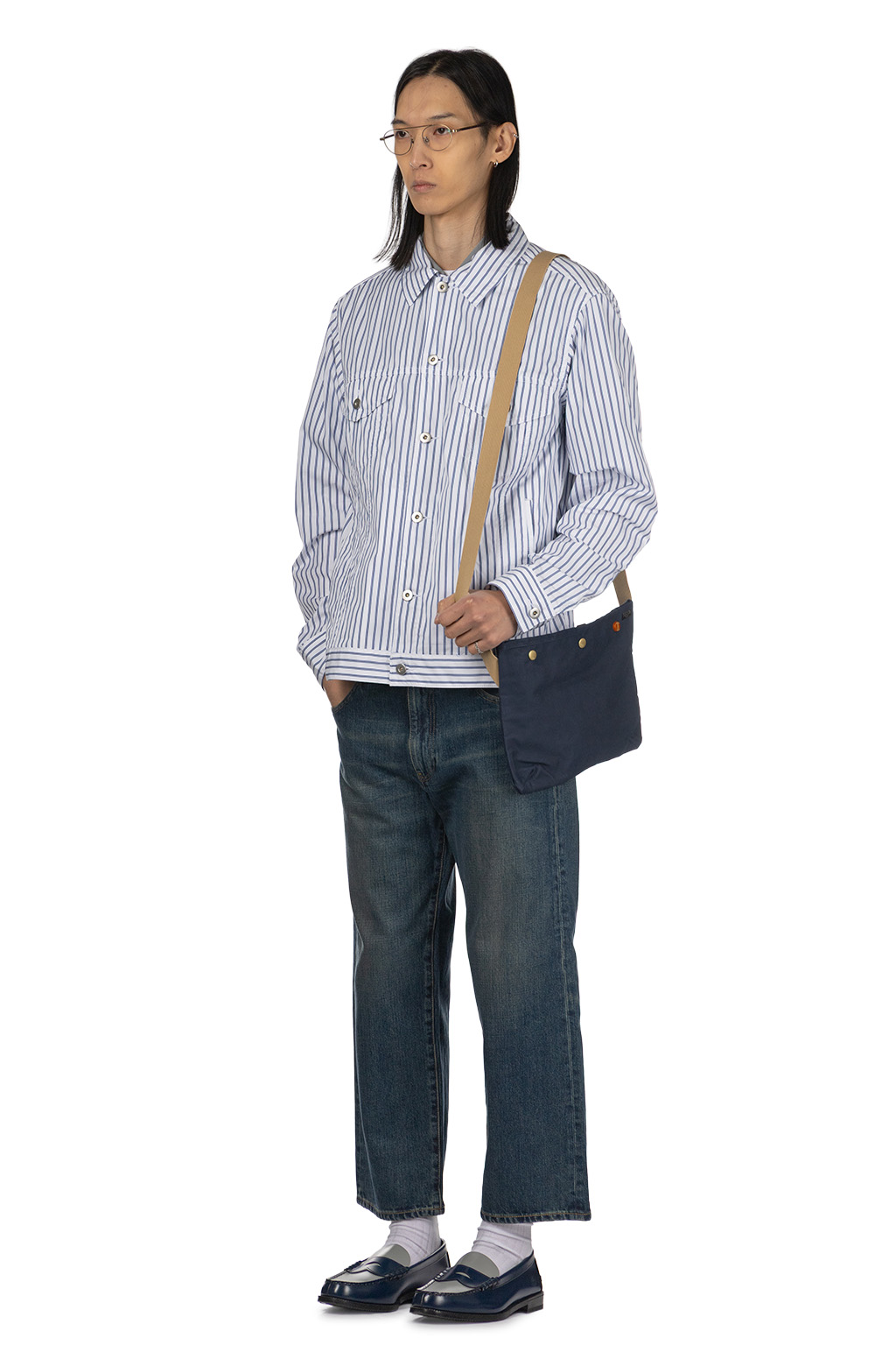 Comme Des Garcons Homme Deux - Stripe Denim Style Jacket - White x Navy x White