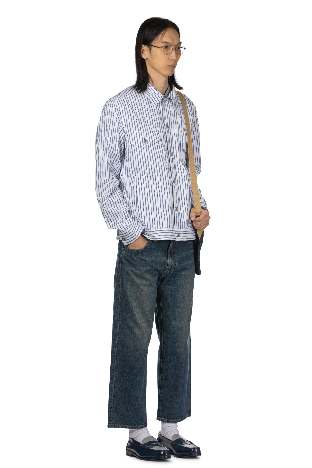 Comme Des Garcons Homme Deux - Stripe Denim Style Jacket - White x Navy x White