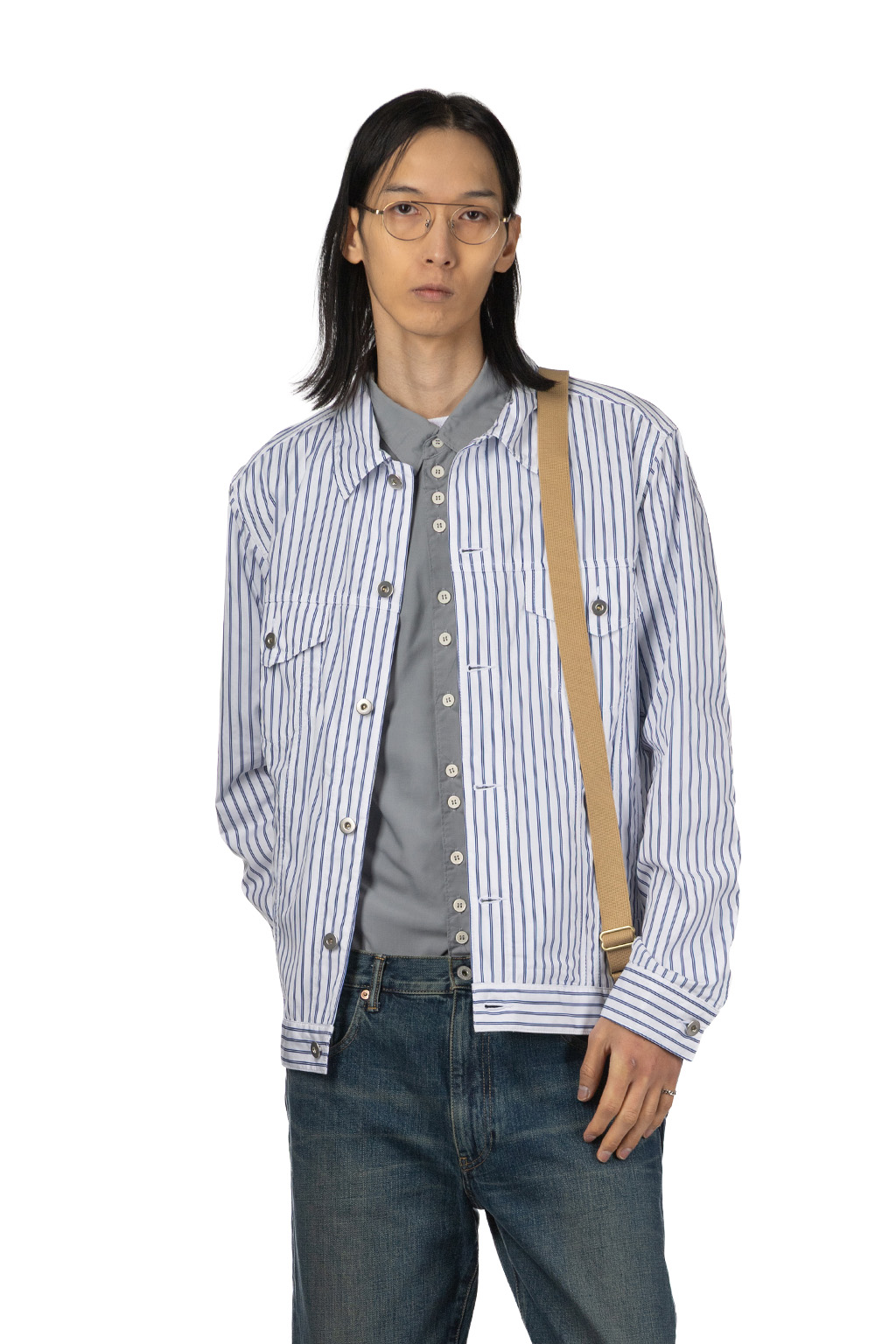 Comme Des Garcons Homme Deux - Stripe Denim Style Jacket - White x Navy x White