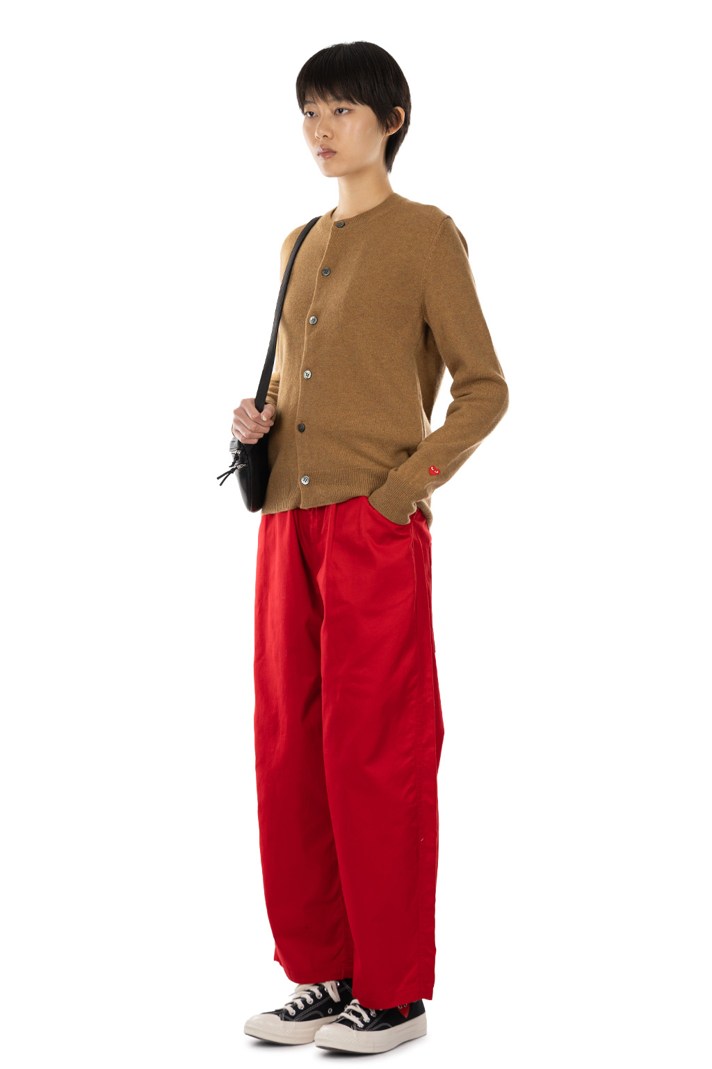 Comme Des Garcons Play - Round Neck Knit with Small Red Emblem - Camel