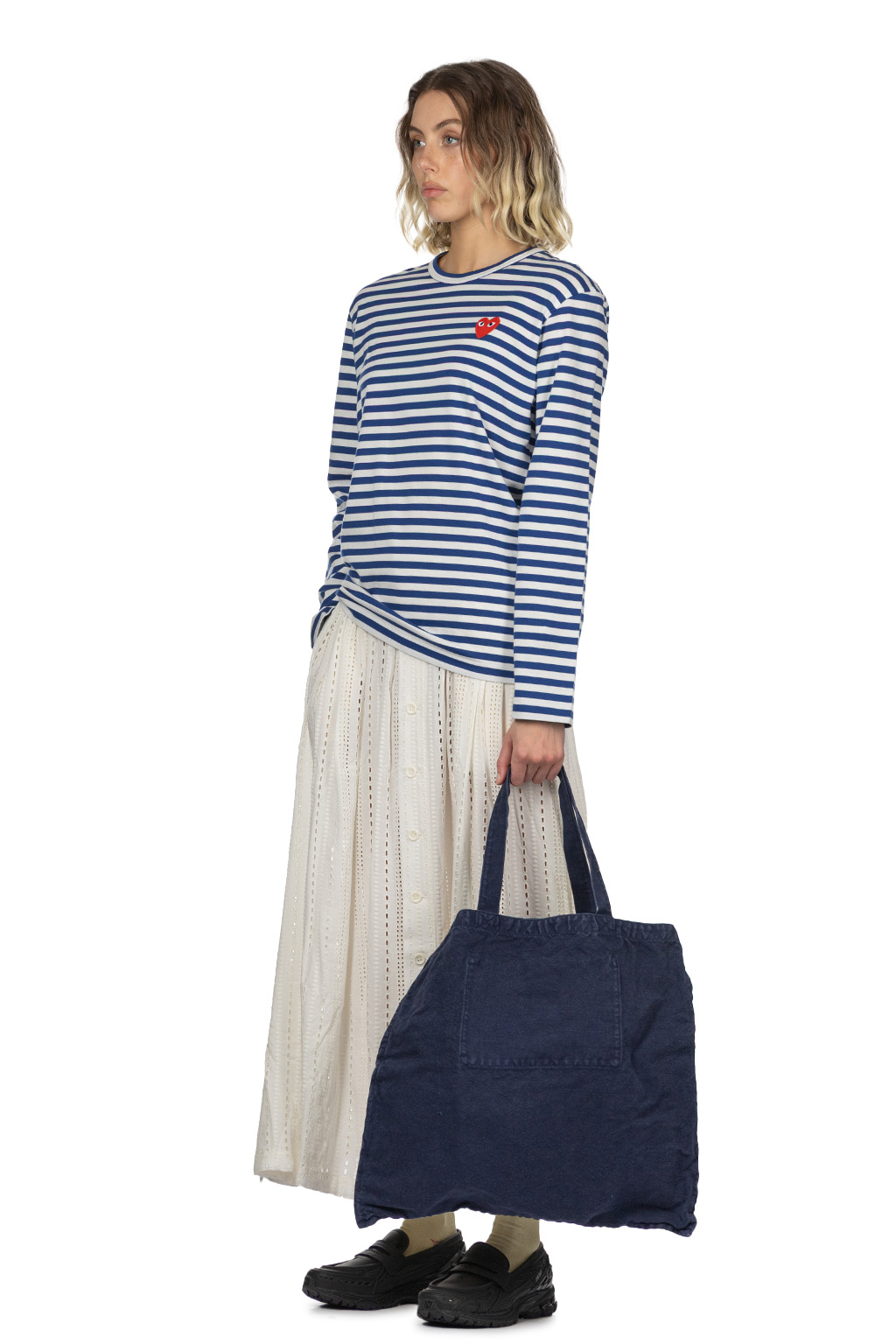 Comme Des Garcons Play Unisex Red Heart Stripe LS T-Shirt - Navy x White