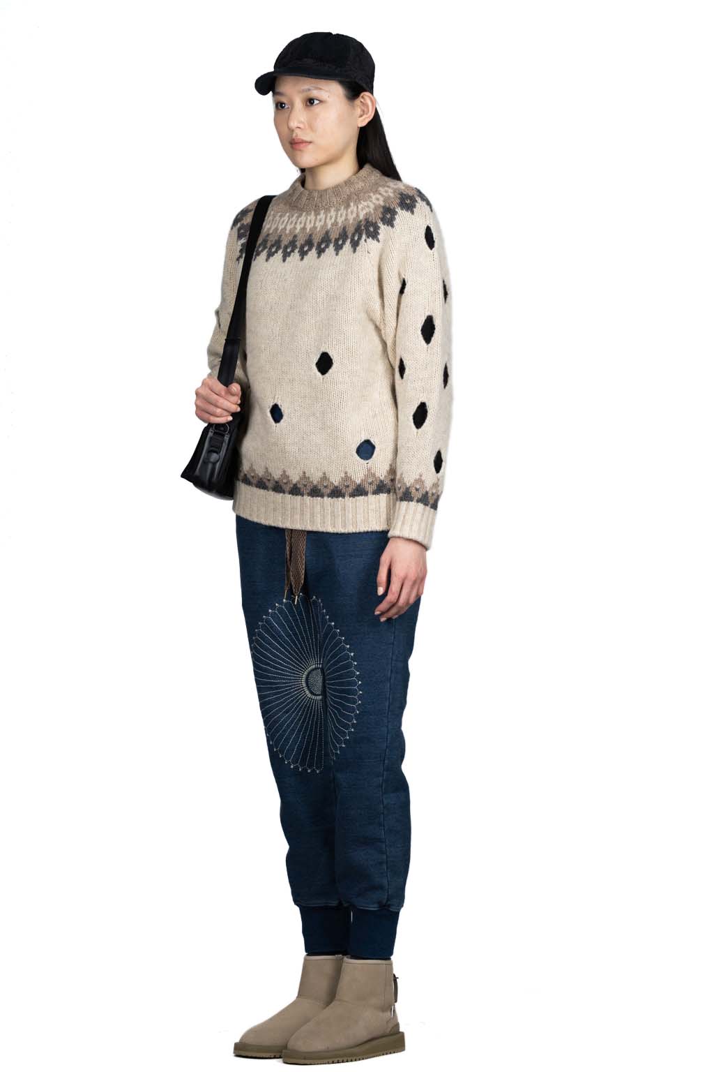 Kapital 3G Wool NORDIC Hole Punch Raglan Crew Sweater - Natural