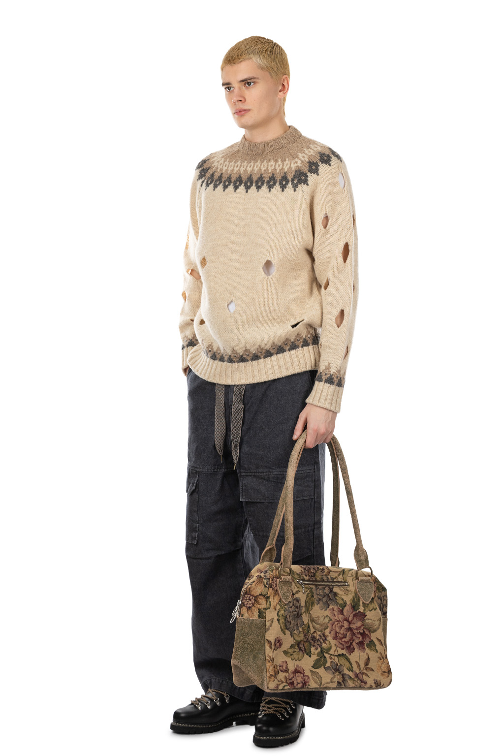 Kapital 3G Wool NORDIC Hole Punch Raglan Crew Sweater - Natural