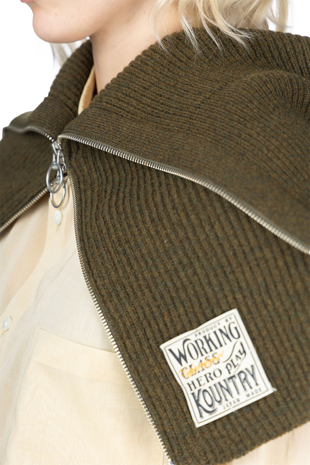 Kapital - 7G Rib Knit ZIP UP Cape - Khaki