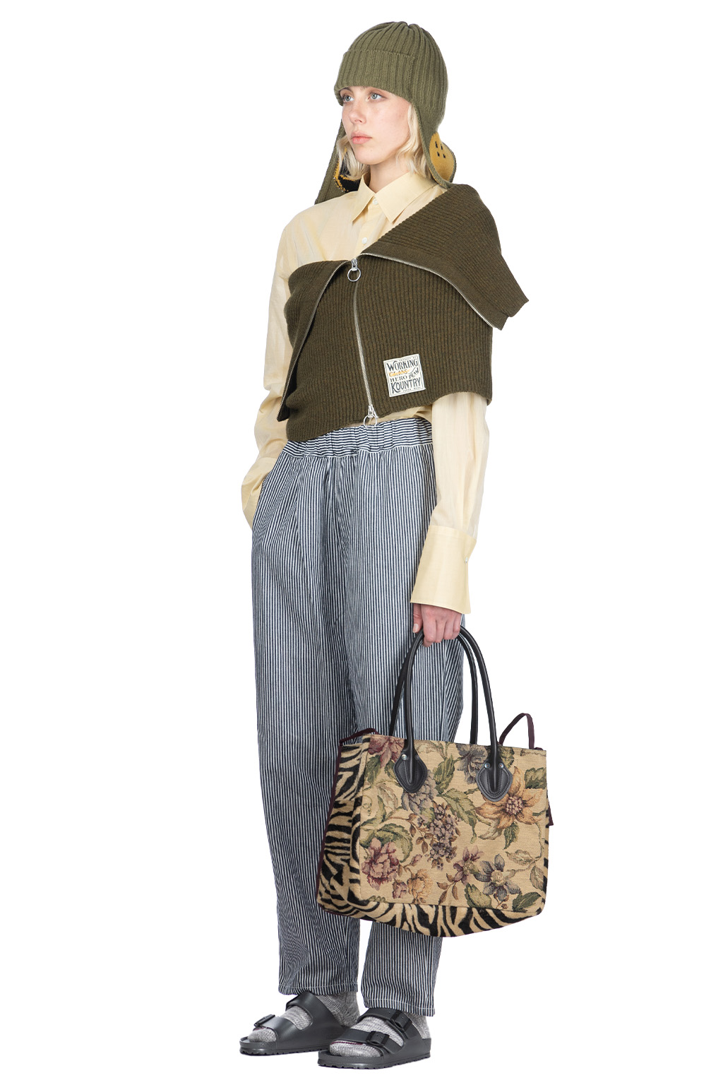 Kapital - 7G Rib Knit ZIP UP Cape - Khaki