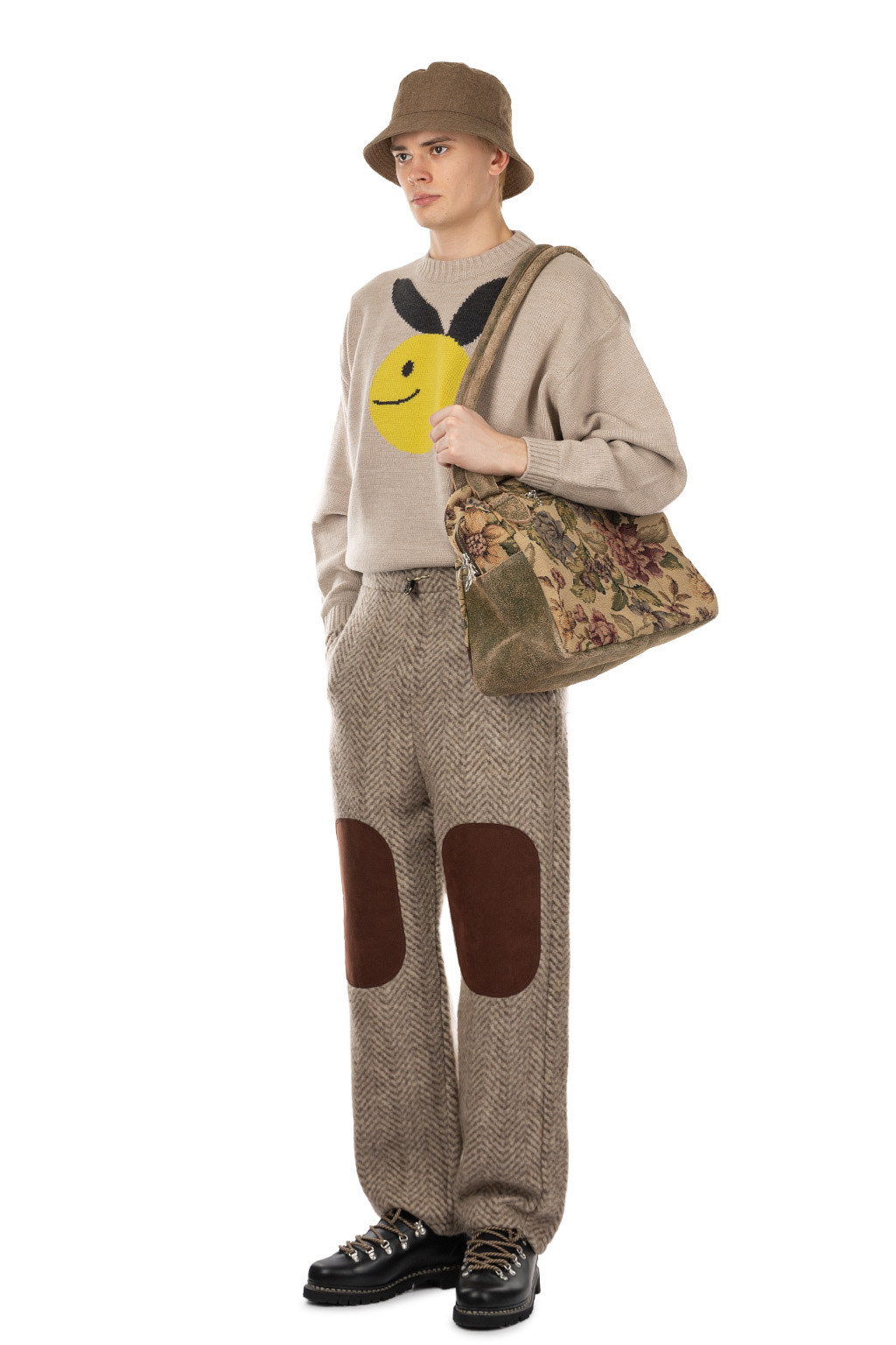 Kapital Herringbone Heavy Fleece Easy Tapered Pants - Beige x Khaki