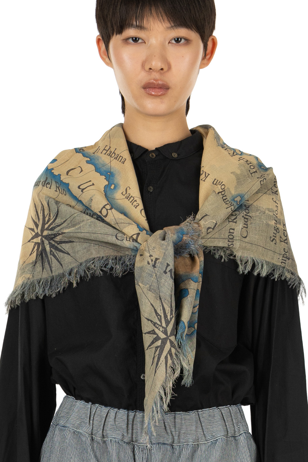 Kapital - Rayon Fringed Square Stole (KAYO HUESO Denim Map) - Blue