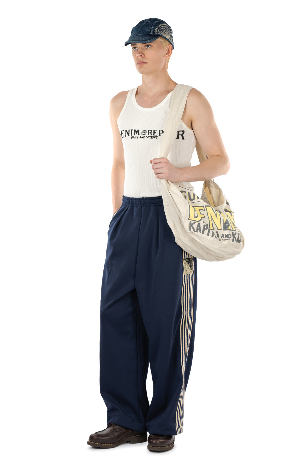 Kapital - Smooth Jersey Baggy Track Pants (Banner Stripe) - Navy