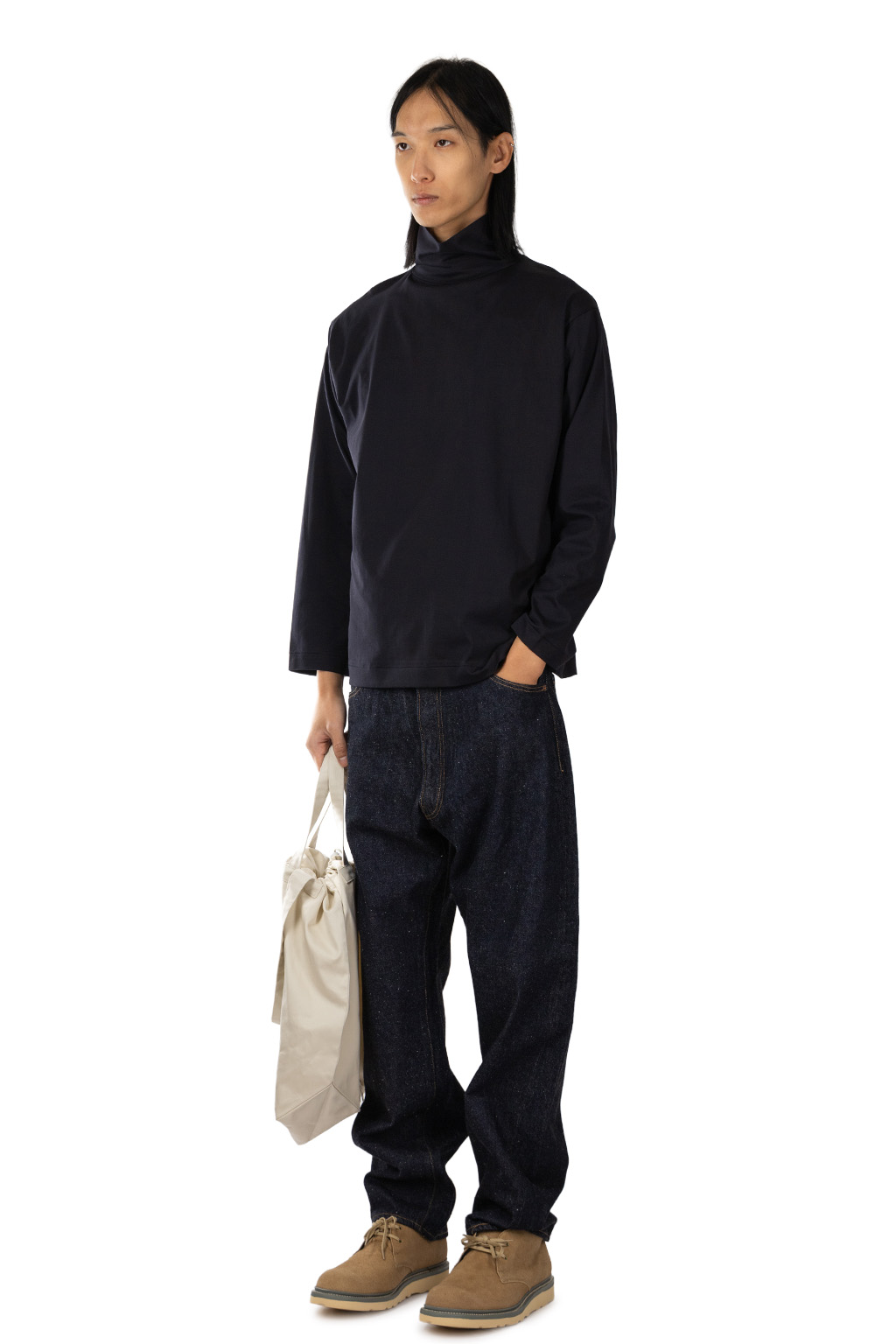 Kaptain Sunshine - Suvin Cotton Suede Tenjiku High Neck Tee - Navy