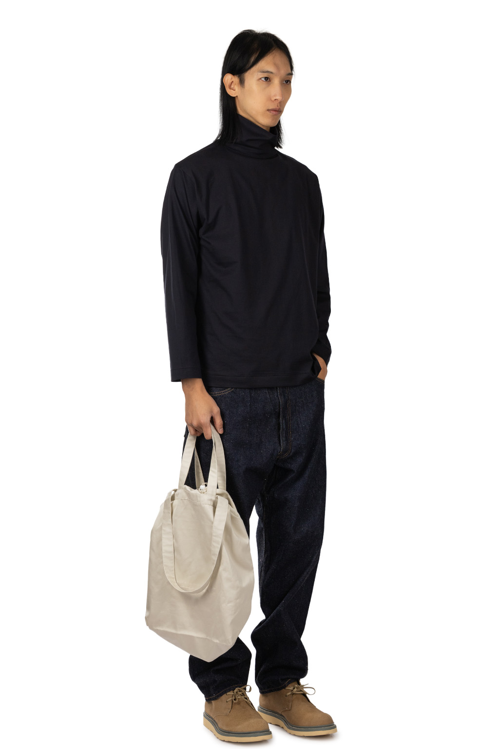 Kaptain Sunshine - Suvin Cotton Suede Tenjiku High Neck Tee - Navy