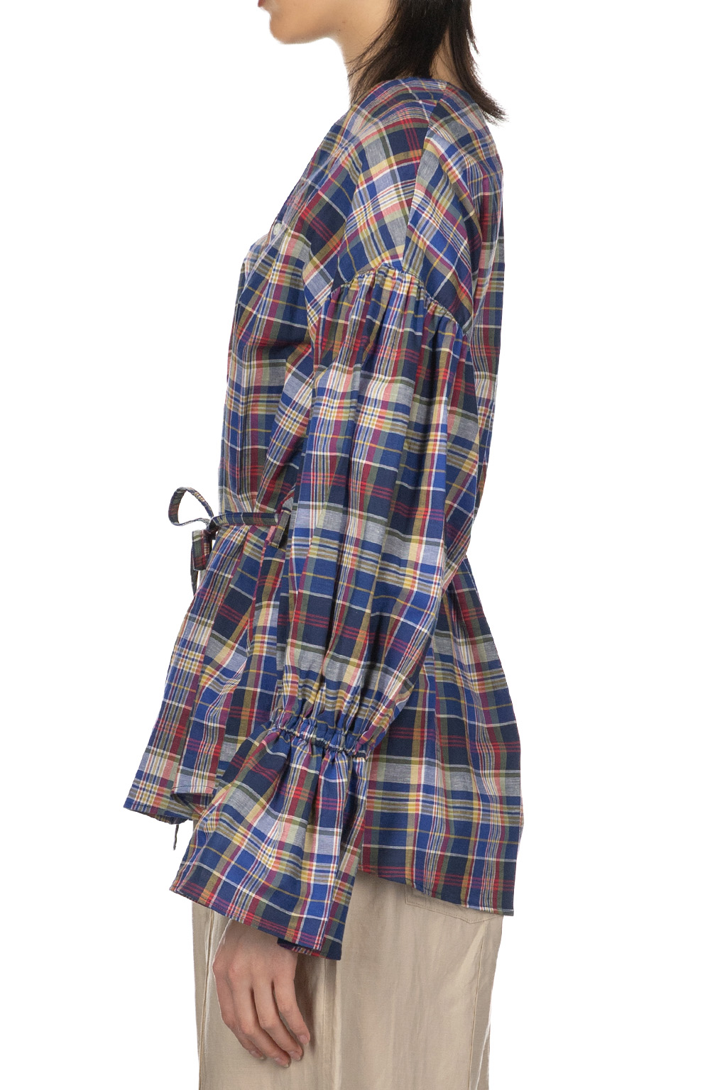 Manon - Ballon Sleeve Check Blouse - Blue