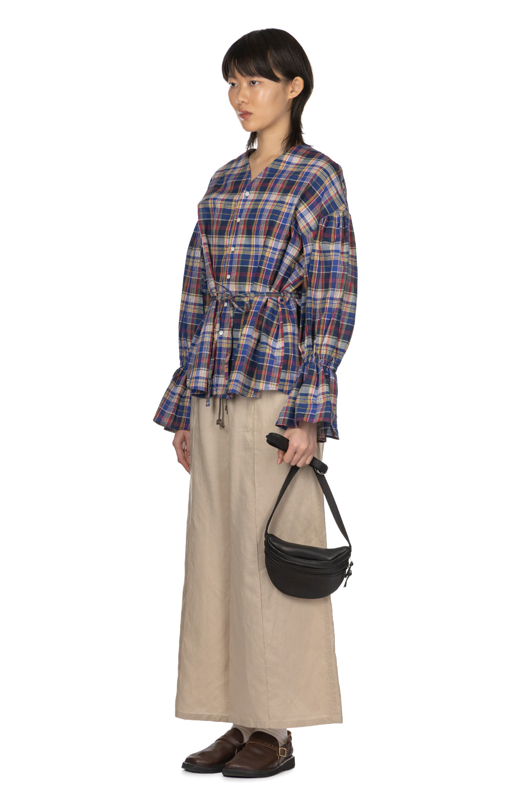 Manon - Ballon Sleeve Check Blouse - Blue