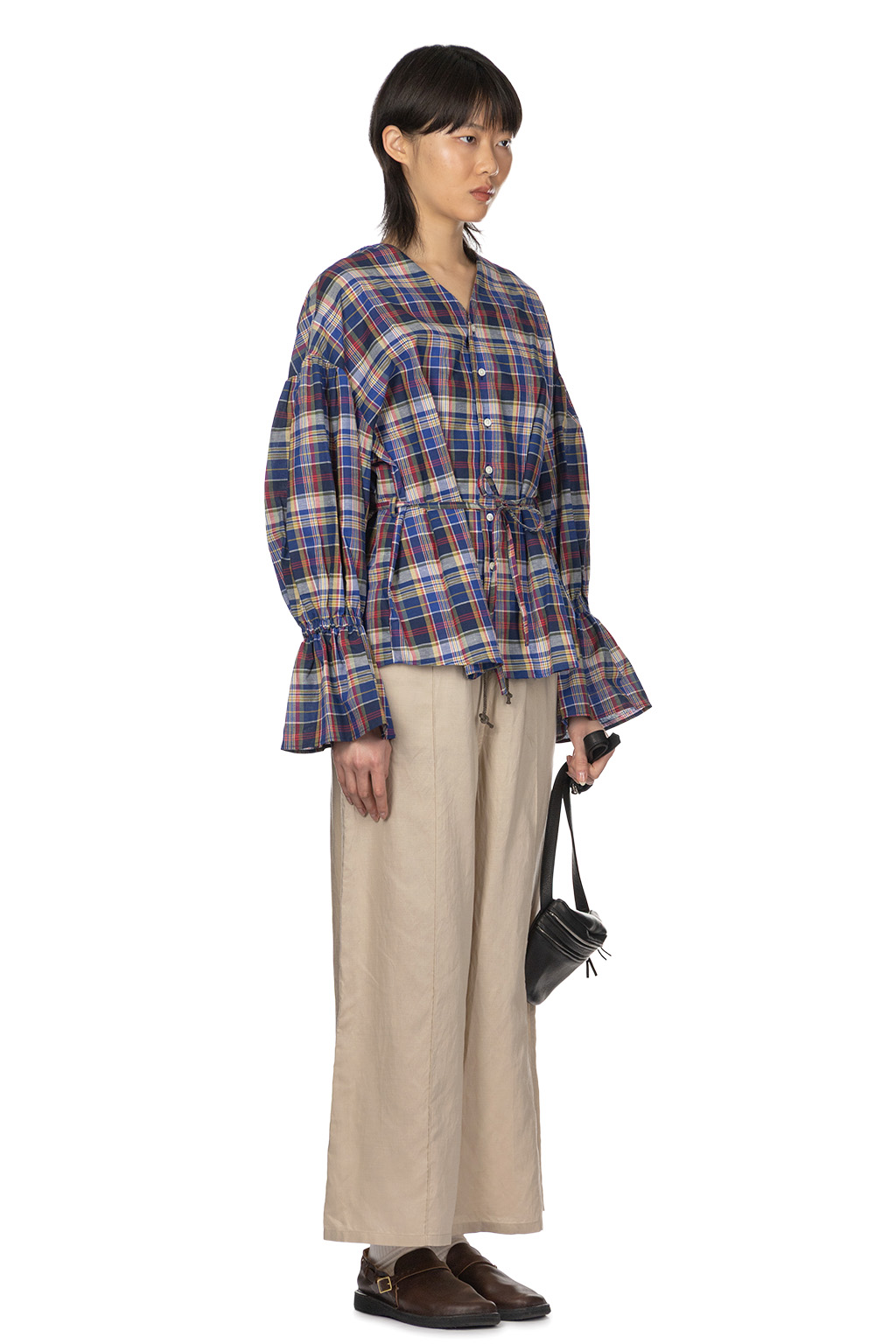 Manon - Ballon Sleeve Check Blouse - Blue