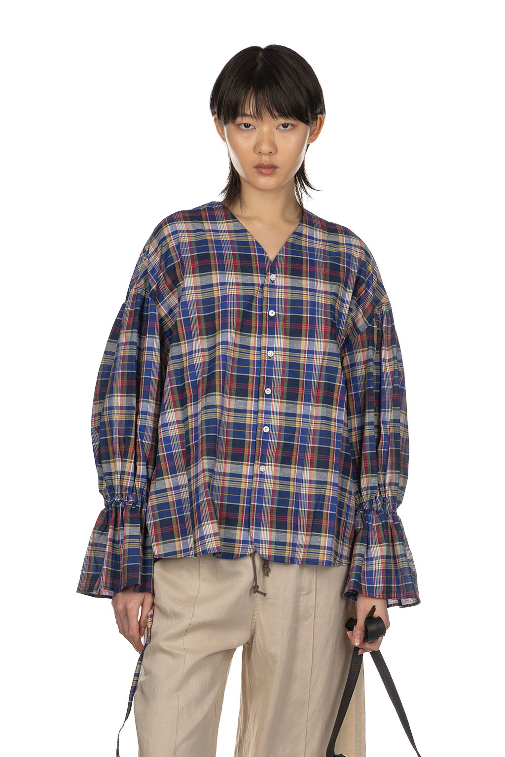 Manon - Ballon Sleeve Check Blouse - Blue