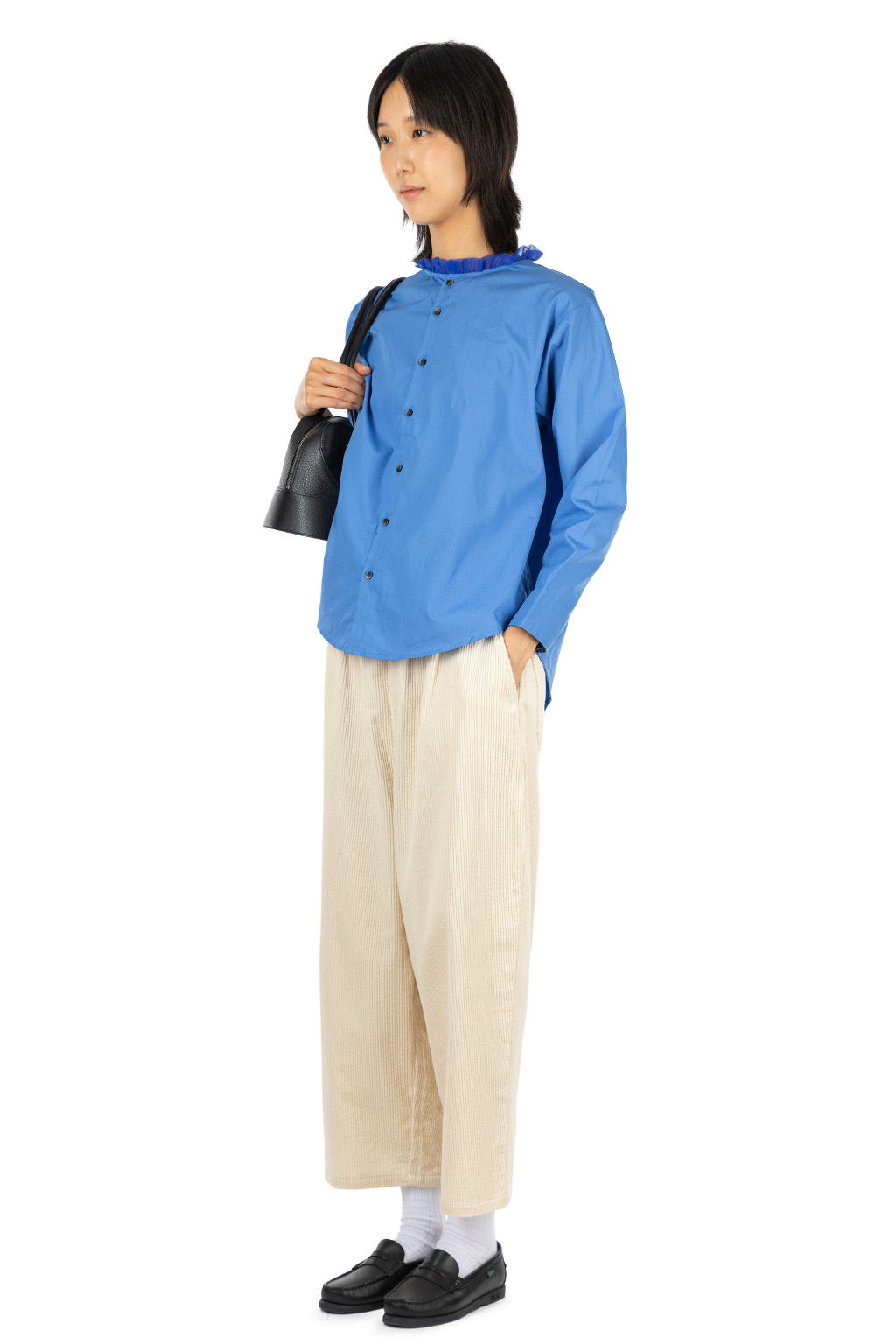 NARU  - Cotton Broad Frill Neck Shirt - Blue