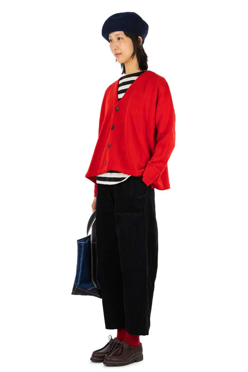 NARU  - V-Neck Knit Cardigan with Drawstring Hem - Red