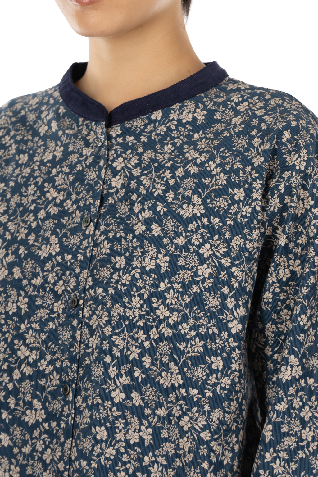 Nachukara - Corduroy Printed Band-Collar Blouse - Blue