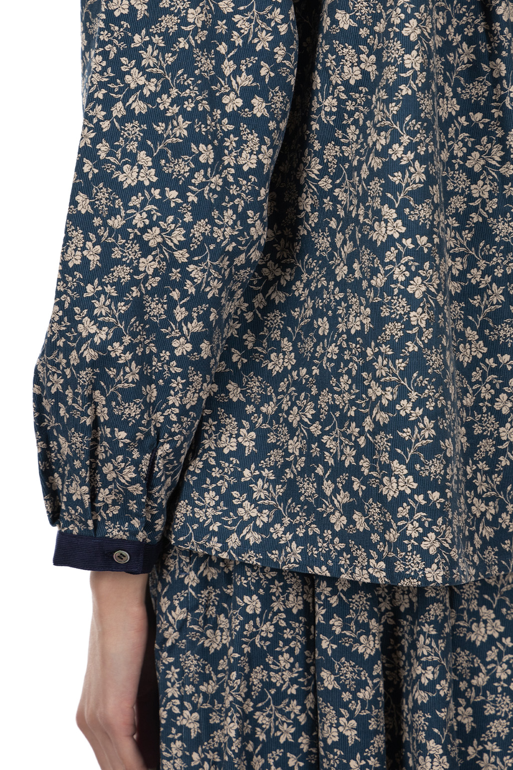 Nachukara - Corduroy Printed Band-Collar Blouse - Blue