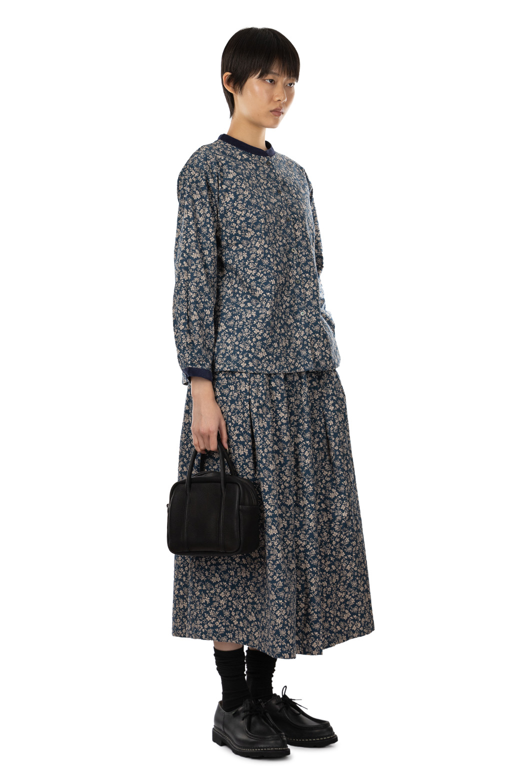 Nachukara - Corduroy Printed Band-Collar Blouse - Blue