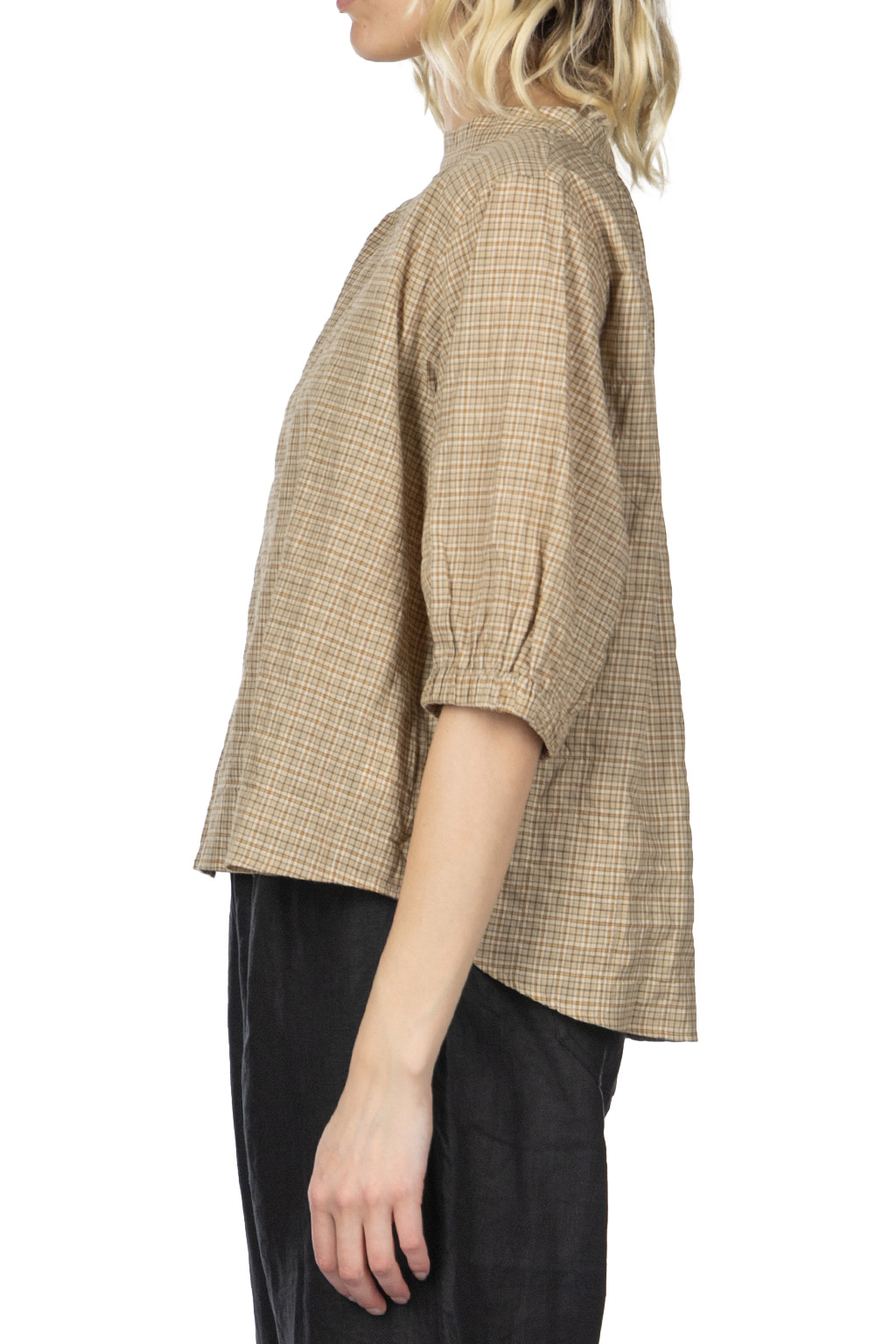Nachukara - Cotton Band Collar Blouse - Beige Check