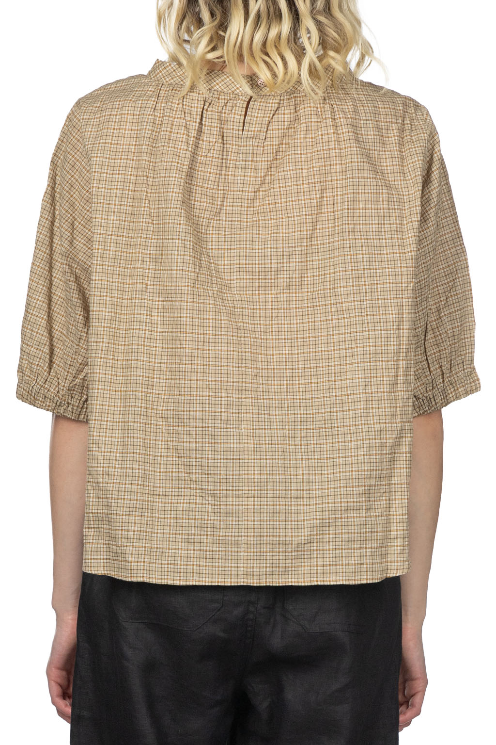 Nachukara - Cotton Band Collar Blouse - Beige Check