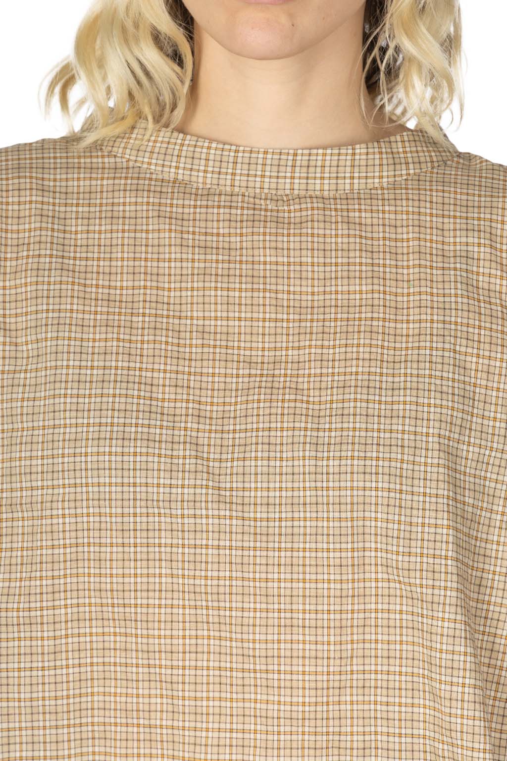 Nachukara - Cotton Band Collar Blouse - Beige Check