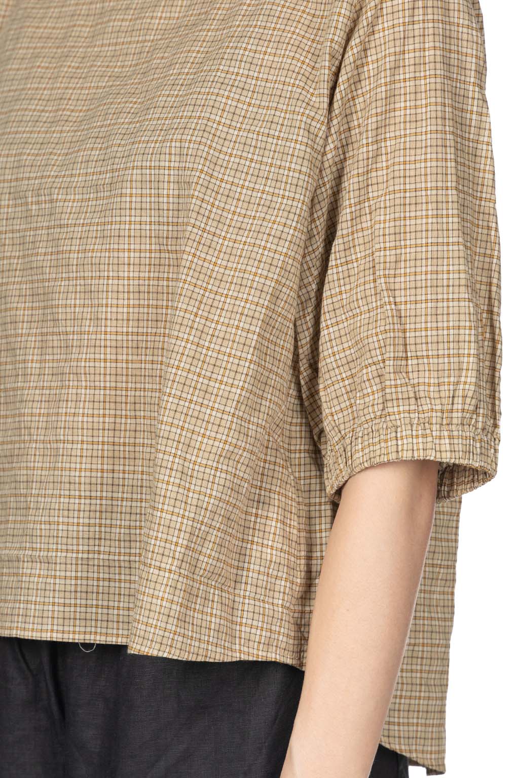 Nachukara - Cotton Band Collar Blouse - Beige Check