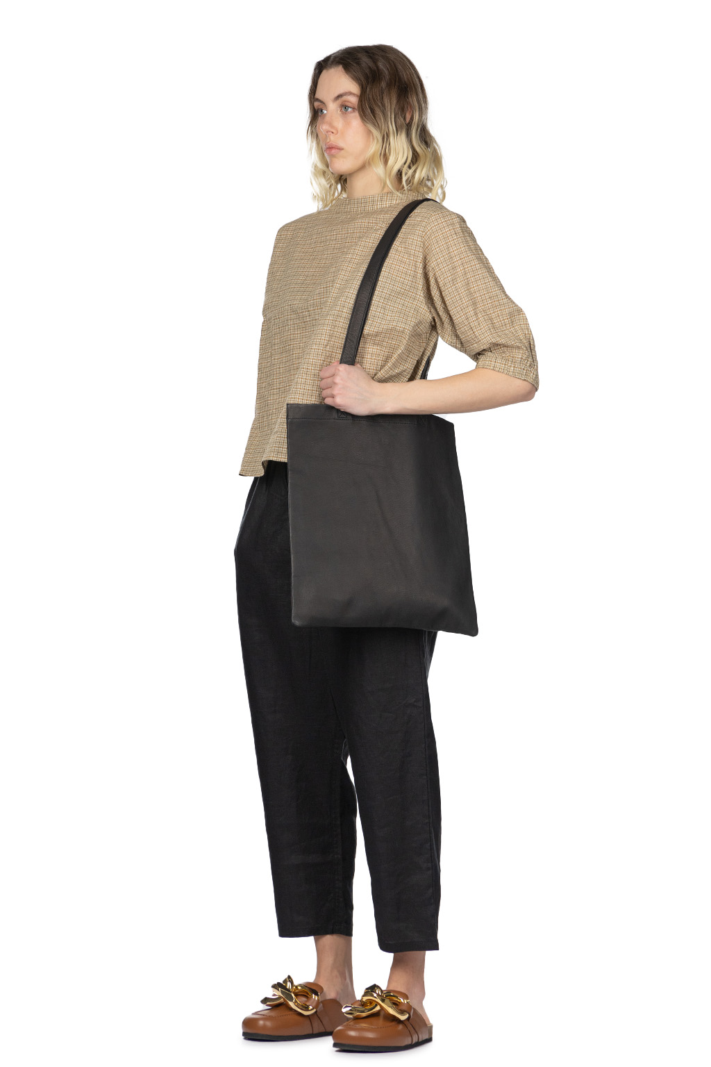 Nachukara - Cotton Band Collar Blouse - Beige Check