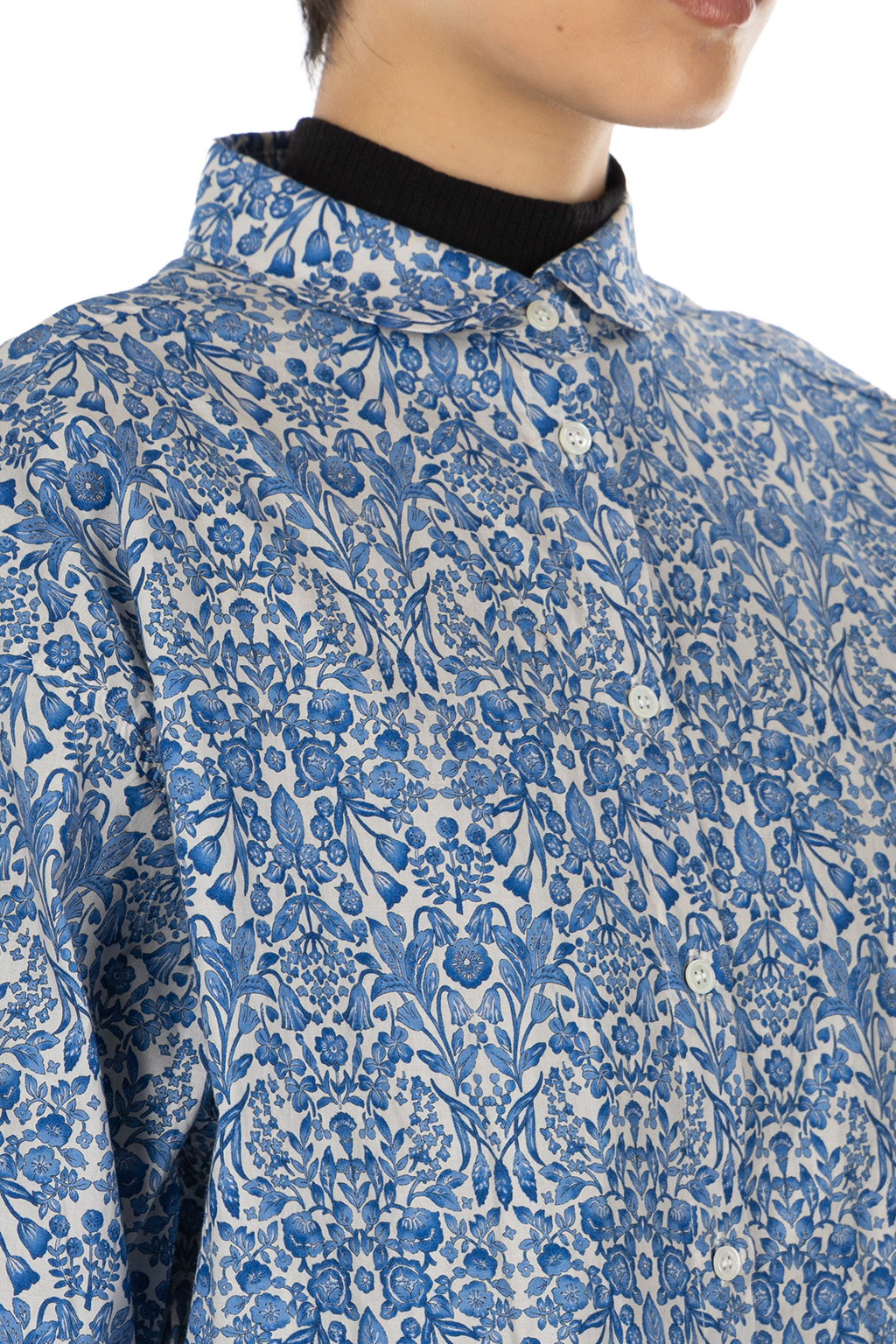 Nachukara - Cotton Printed Round-Collar Blouse - White x Blue
