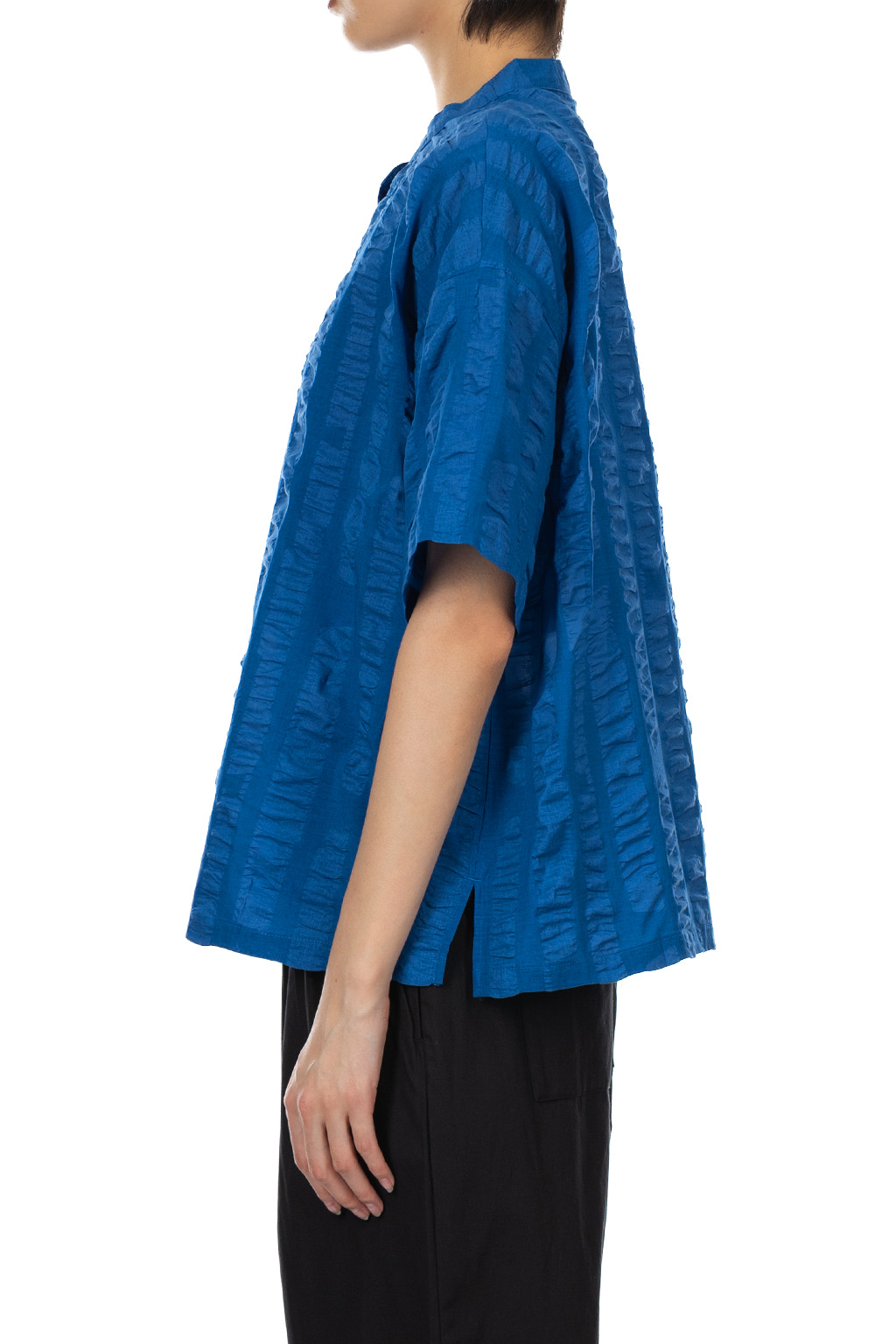 Nachukara - Ripple Stripe Band Collar Shirt - Blue