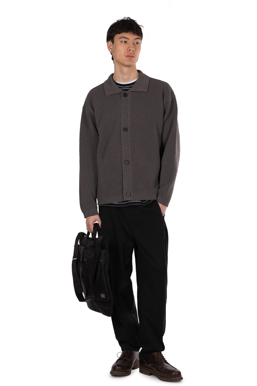 Still by hand - Paper mixed knit blouson - Brown Charcoal