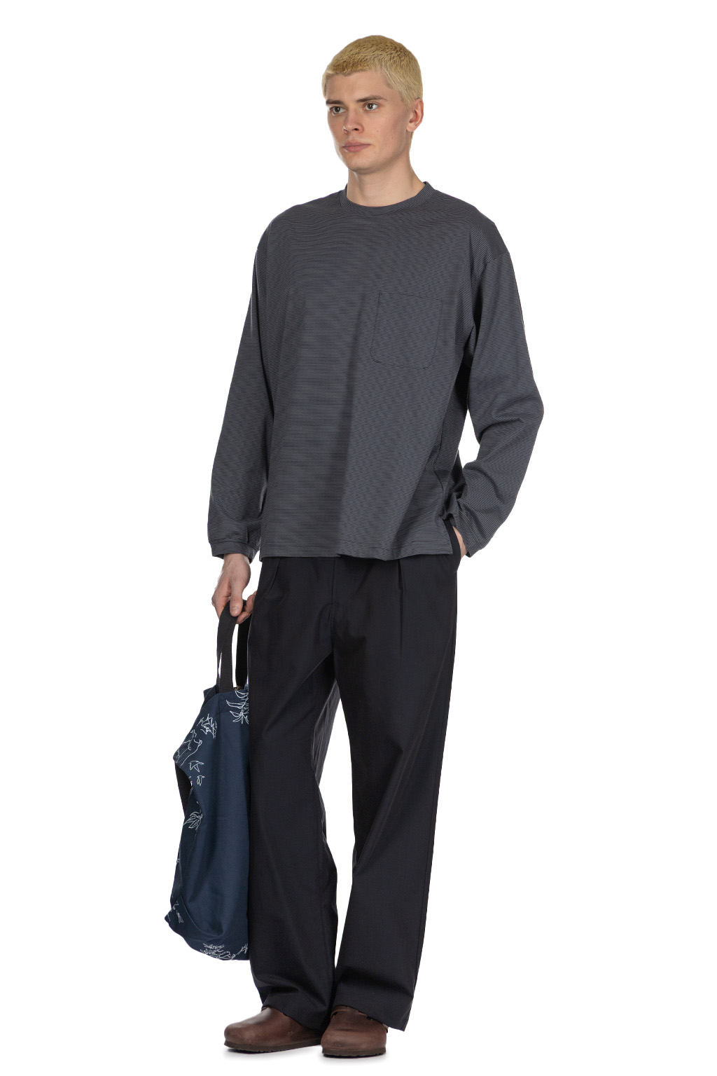 Still by hand - Striped Long Sleeve T-Shirt - Grey x Navy