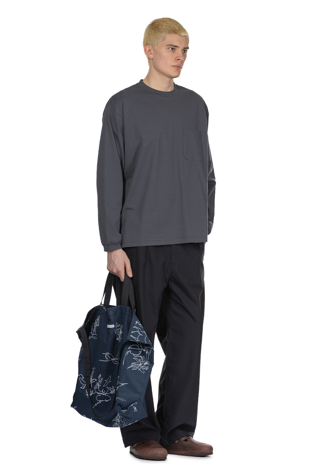 Still by hand - Striped Long Sleeve T-Shirt - Grey x Navy