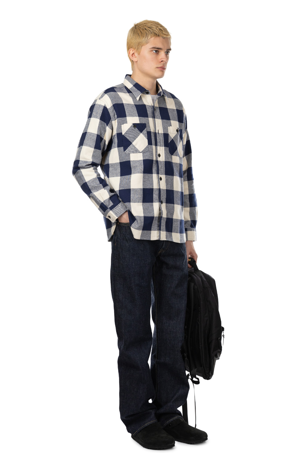 Sugar Cane - Twill Check LS Work Shirt - Navy