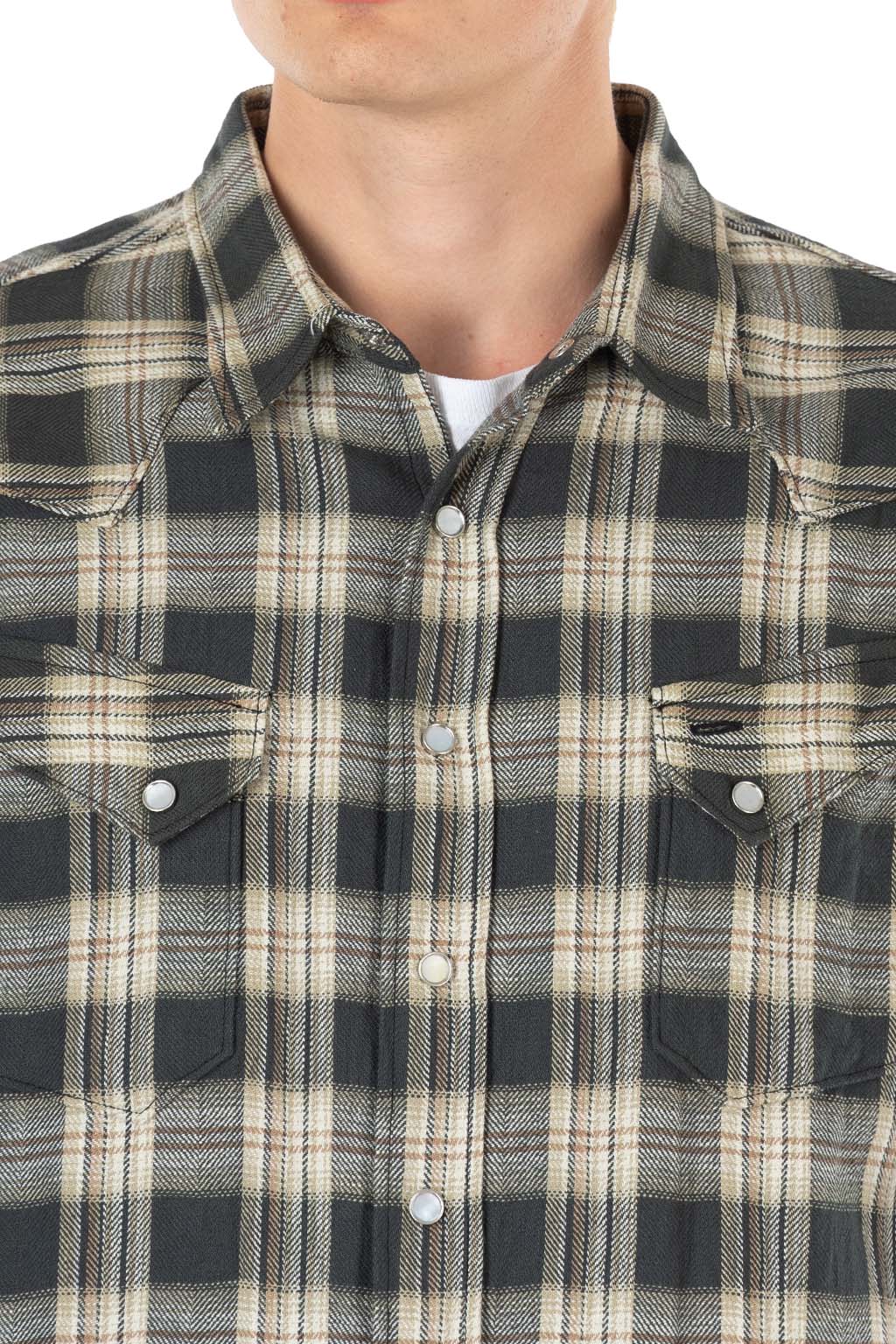 Sugar Cane - Washer Herringbone Check Western Shirt - Black