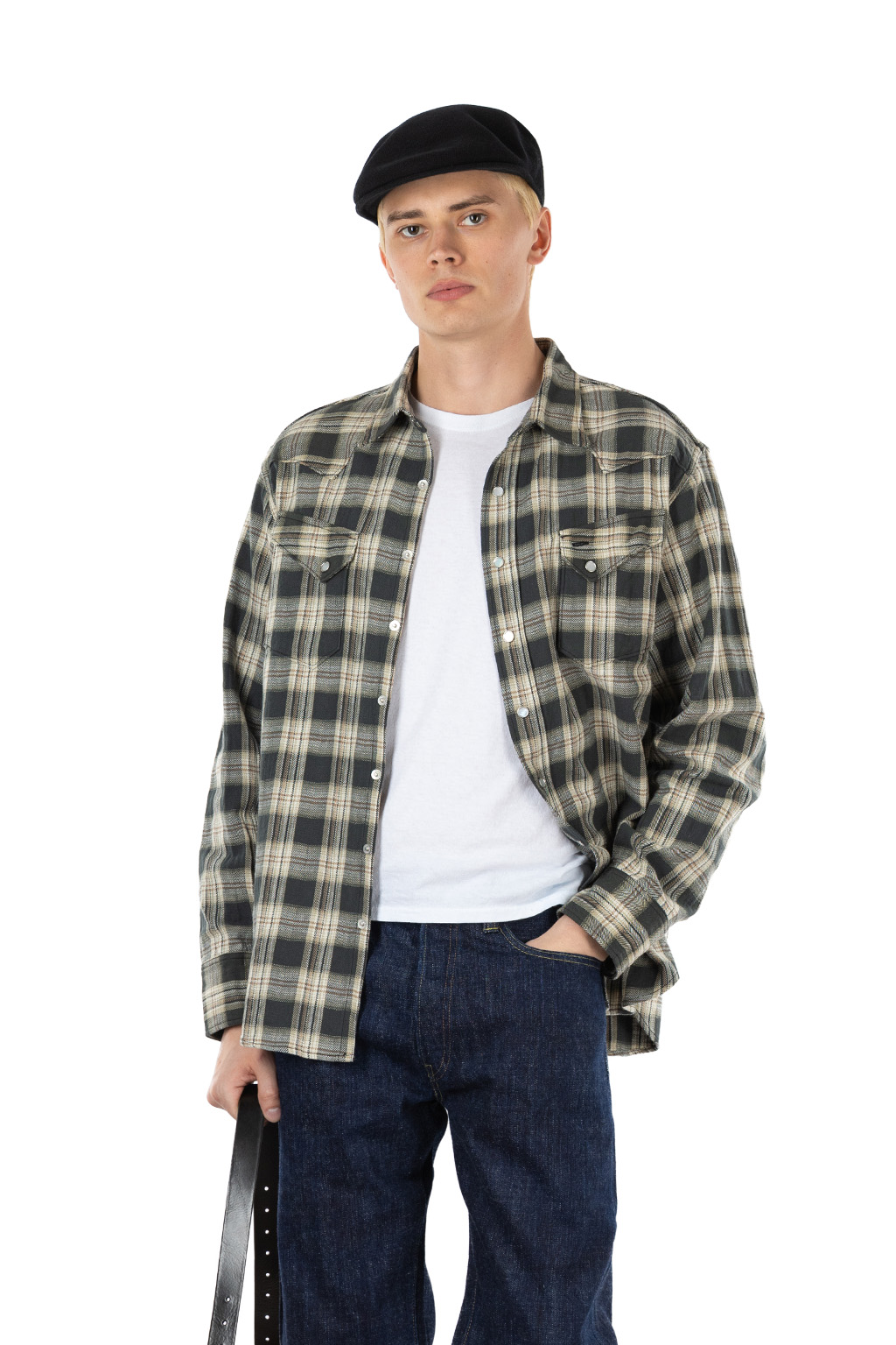 Sugar Cane - Washer Herringbone Check Western Shirt - Black