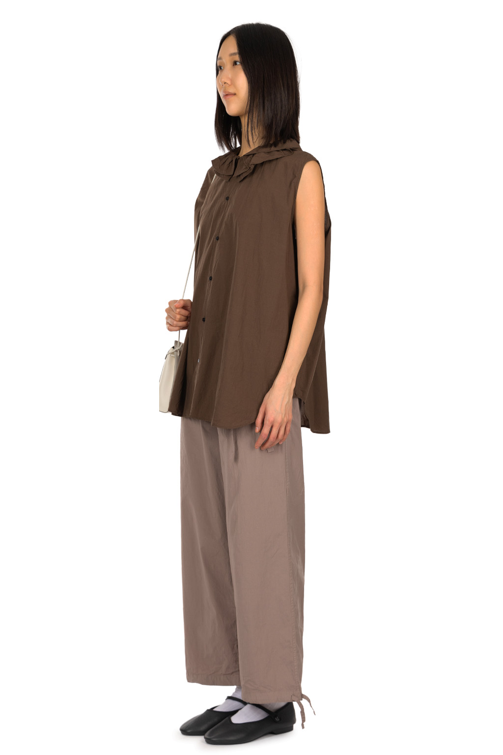 TOUJOURS - Ruffle Collar Sleeveless Shirt - Olive Brown