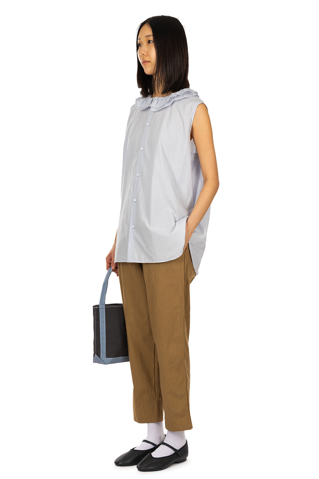 TOUJOURS - Ruffle Collar Sleeveless Shirt - Smoke Saxe Blue