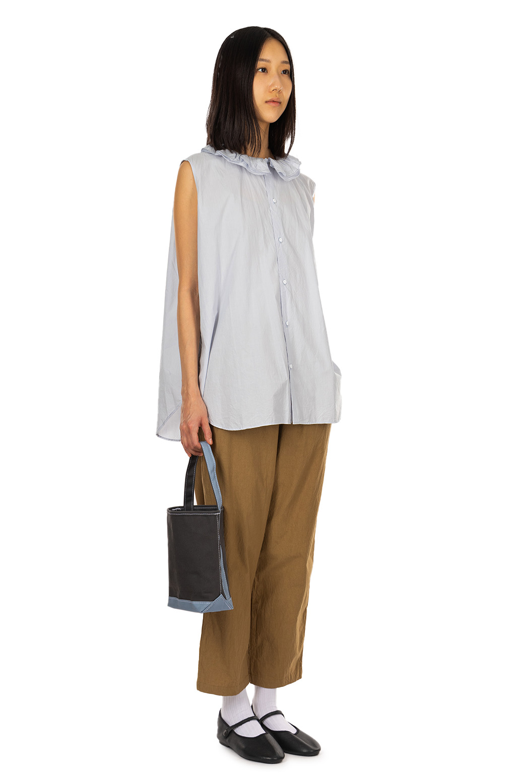 TOUJOURS - Ruffle Collar Sleeveless Shirt - Smoke Saxe Blue