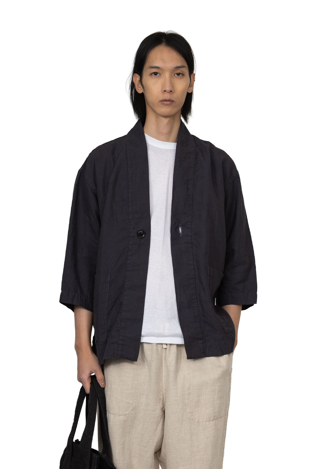 Tigre Brocante - Linen Kimono 3/4 Sleeve Shirt - Sumi