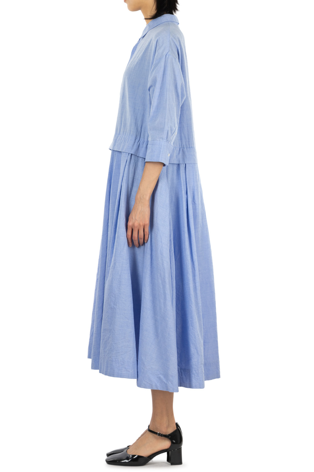 Veritecoeur - Flare Tuck Chambray Dress - Blue
