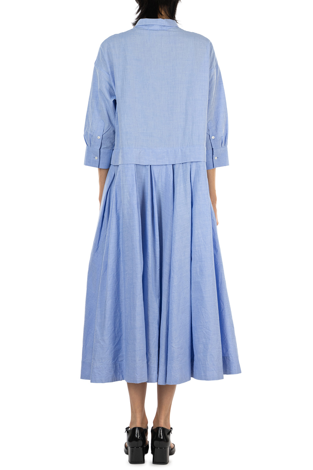Veritecoeur - Flare Tuck Chambray Dress - Blue