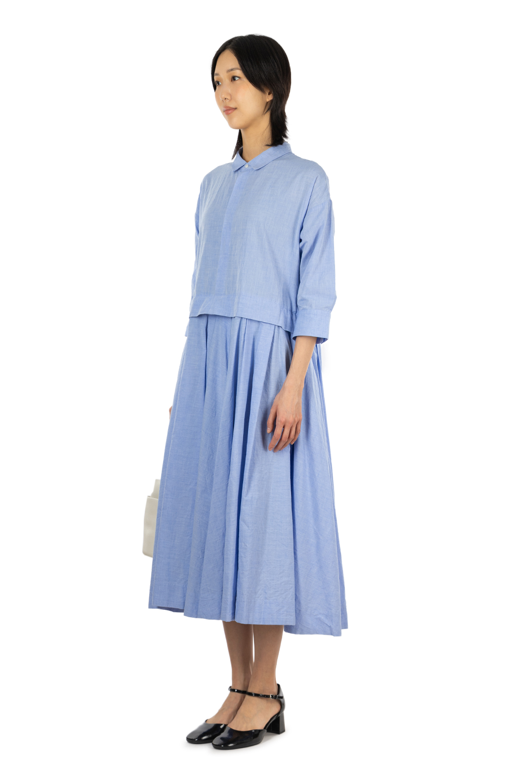 Veritecoeur - Flare Tuck Chambray Dress - Blue