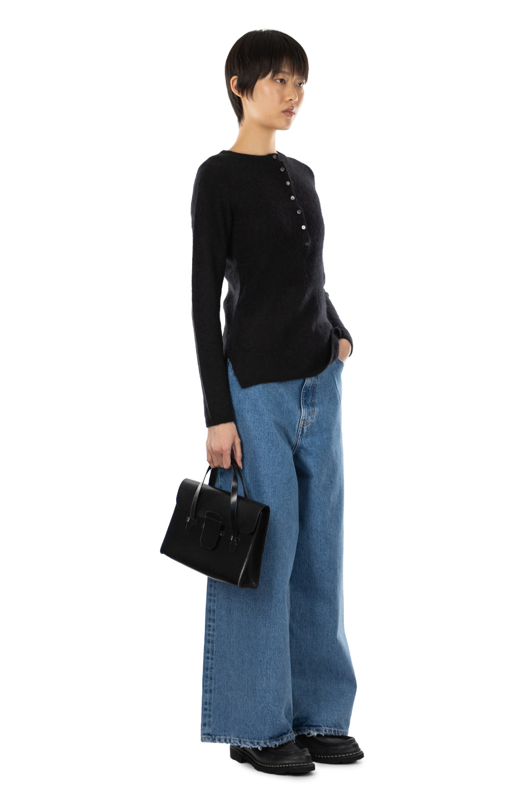 YLEVE - Fairy Alpaca Knit Henley Neck Sweater - Black