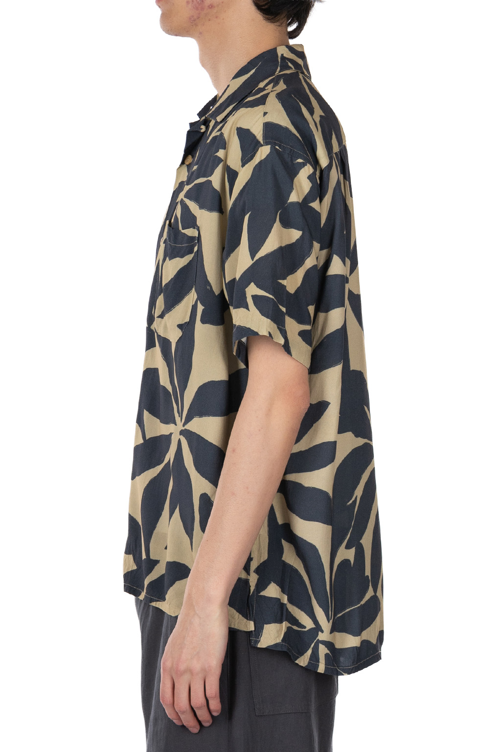 ts(s) - Open Collar Short Sleeve Shirt - Leaf Print - Navy