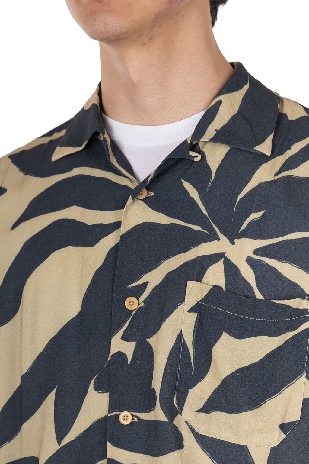 ts(s) - Open Collar Short Sleeve Shirt - Leaf Print - Navy