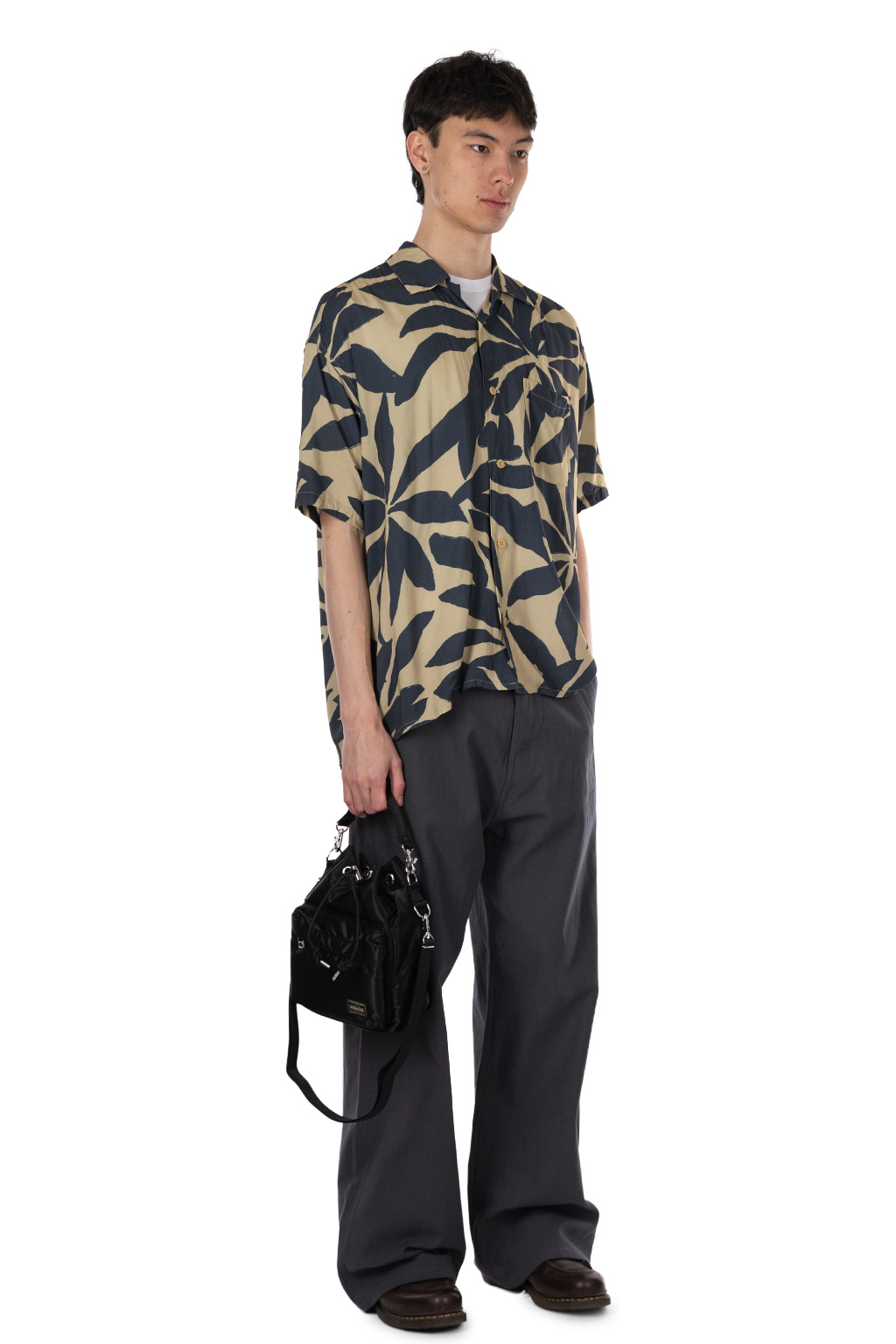 ts(s) - Open Collar Short Sleeve Shirt - Leaf Print - Navy